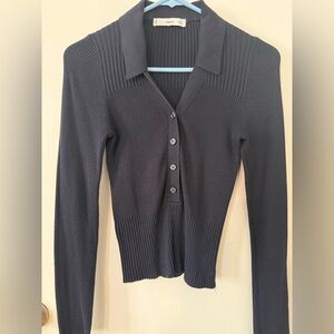 Mango Navy Blue Ribbed Knit Top